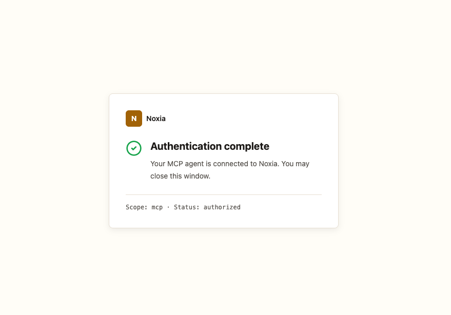 Noxia confirming that authentication is complete