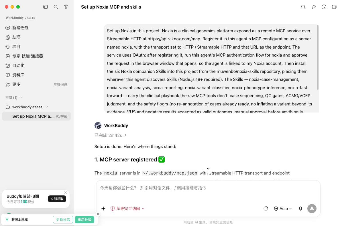 WorkBuddy working through the pasted setup instruction